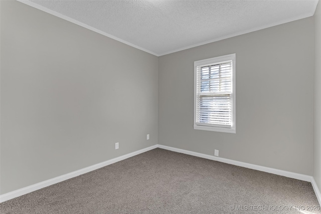 unfurnished room with a textured ceiling, dark carpet, and baseboards