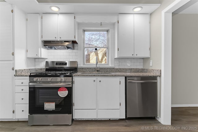 kitchen with under cabinet range hood, stainless steel appliances, a sink, white cabinetry, and tasteful backsplash