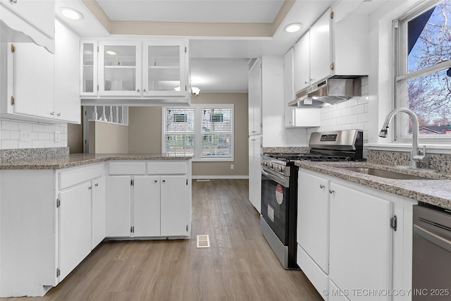 kitchen featuring light wood finished floors, stainless steel appliances, white cabinets, a sink, and under cabinet range hood