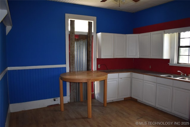 kitchen with white cabinets, a ceiling fan, wainscoting, light wood-style flooring, and a sink