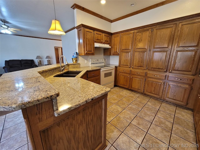 kitchen with white electric stove, brown cabinetry, a sink, a peninsula, and under cabinet range hood