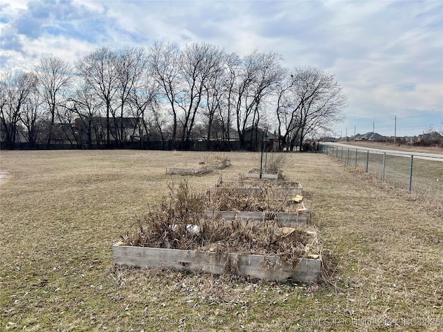 view of yard featuring fence and a vegetable garden