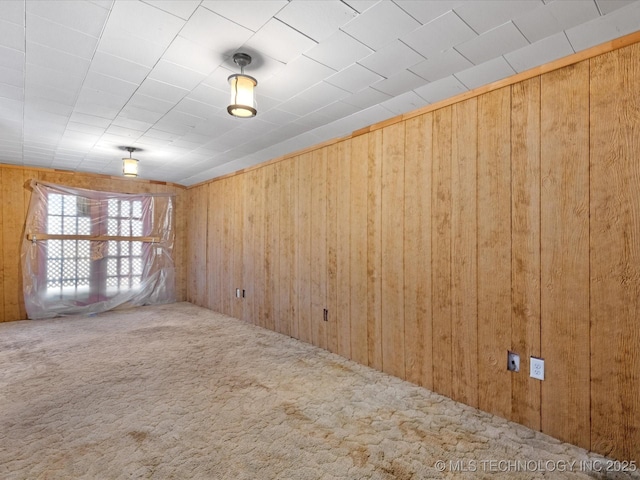 empty room featuring carpet and wooden walls