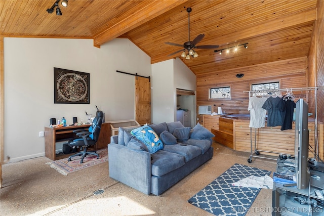 living area with high vaulted ceiling, a barn door, rail lighting, and wood ceiling