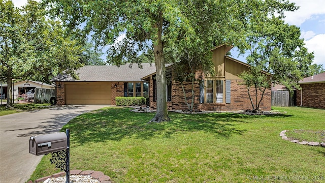 mid-century inspired home featuring a front lawn, brick siding, fence, and an attached garage