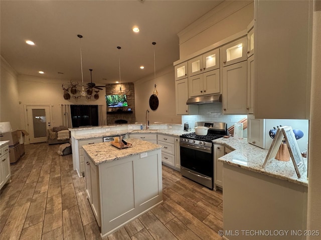 kitchen with ornamental molding, stainless steel range with gas stovetop, a peninsula, under cabinet range hood, and a sink