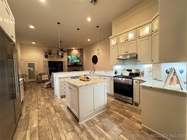 kitchen with under cabinet range hood, stainless steel appliances, a peninsula, a ceiling fan, and backsplash