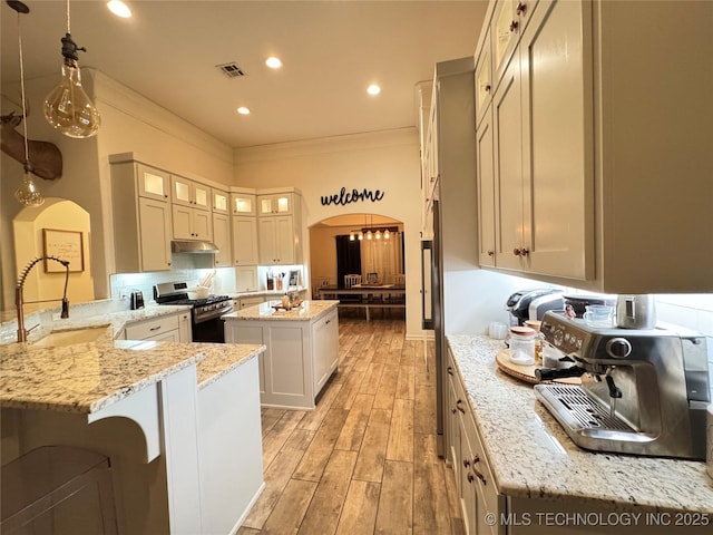 kitchen with arched walkways, under cabinet range hood, a sink, stainless steel range with gas cooktop, and a center island