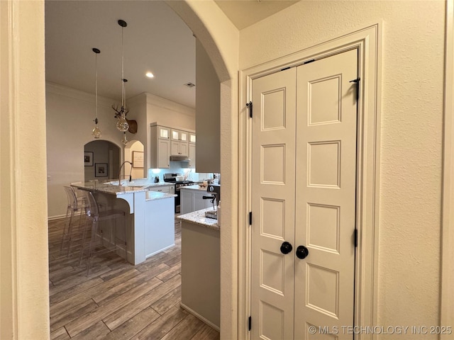 kitchen with arched walkways, light stone counters, wood finished floors, and gas stove