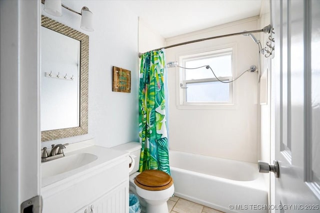 bathroom with shower / bath combo, vanity, toilet, and tile patterned floors