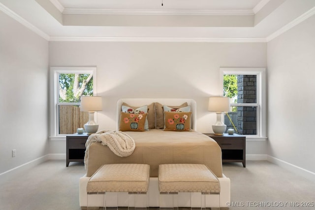 bedroom featuring a raised ceiling, carpet flooring, and crown molding