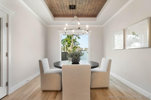 dining area with baseboards, visible vents, a tray ceiling, light wood-type flooring, and a notable chandelier