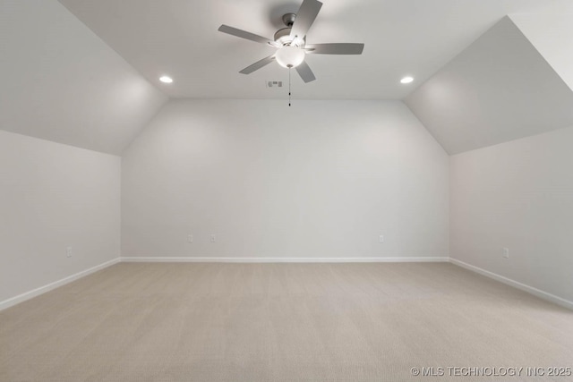 bonus room featuring recessed lighting, visible vents, vaulted ceiling, and baseboards