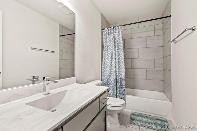 bathroom with toilet, shower / tub combo with curtain, and vanity