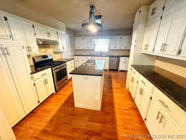 kitchen with dark wood-style floors, appliances with stainless steel finishes, a sink, an island with sink, and under cabinet range hood