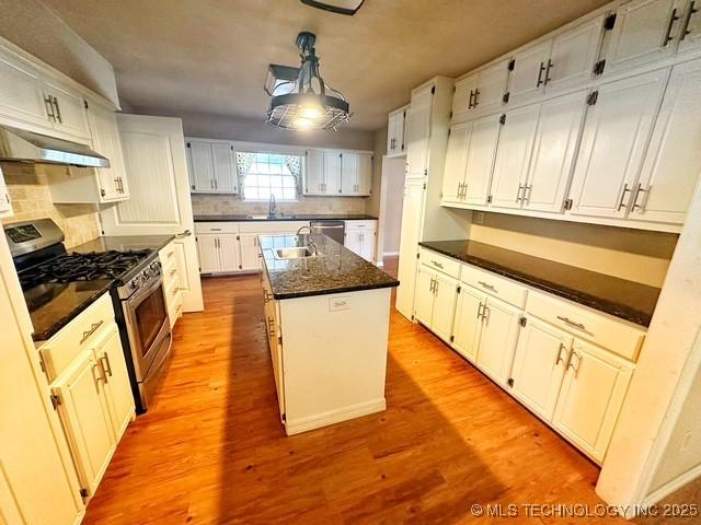 kitchen with appliances with stainless steel finishes, dark countertops, and under cabinet range hood