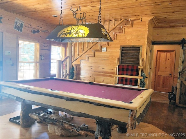 playroom with wooden ceiling, billiards, wooden walls, and wood finished floors