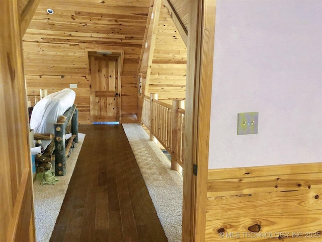 hallway featuring wood finished floors and wooden walls