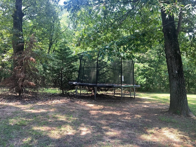 view of yard featuring a forest view and a trampoline