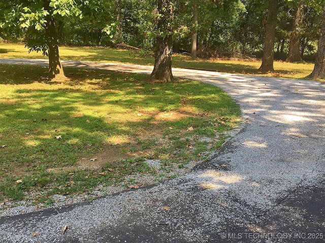 view of property's community with gravel driveway and a lawn