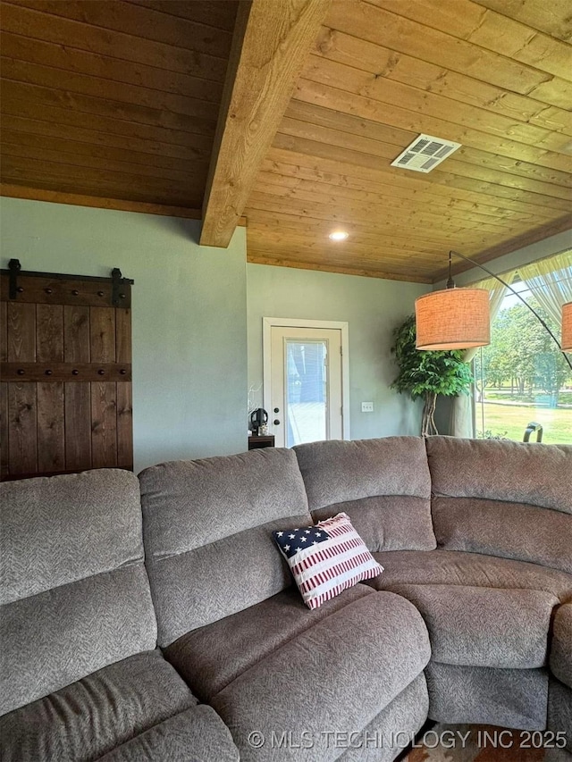 17 Tabernacle Dr, Calera, OK 74730 - living area with wooden ceiling, visible vents, and beamed ceiling