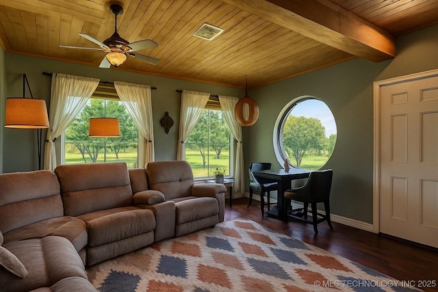17 Tabernacle Dr, Calera, OK 74730 - living room with ornamental molding, visible vents, wooden ceiling, ceiling fan, and baseboards