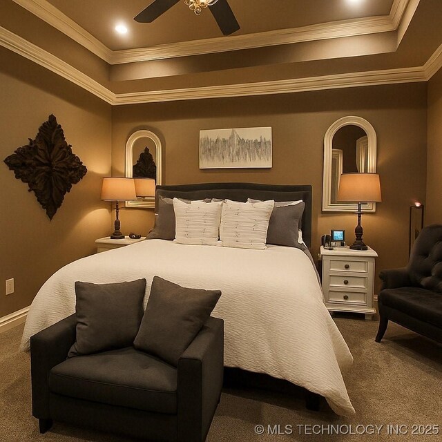 17 Tabernacle Dr, Calera, OK 74730 - bedroom featuring a tray ceiling, crown molding, and dark colored carpet