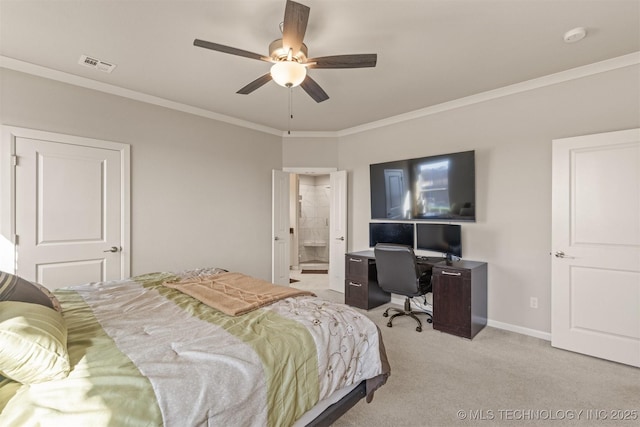 bedroom with light colored carpet, visible vents, crown molding, and baseboards