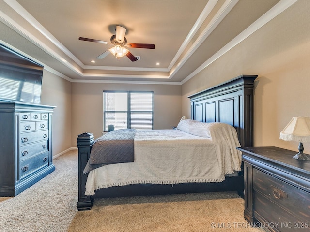 bedroom featuring ornamental molding, a tray ceiling, light colored carpet, and recessed lighting