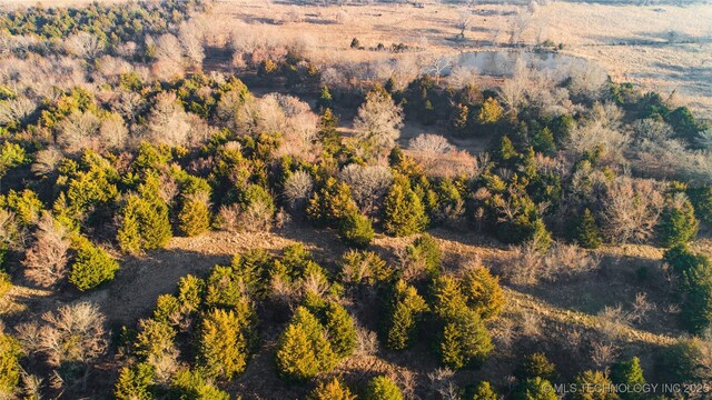 birds eye view of property featuring a wooded view