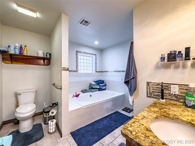 full bathroom with visible vents, decorative backsplash, toilet, a garden tub, and tile patterned flooring