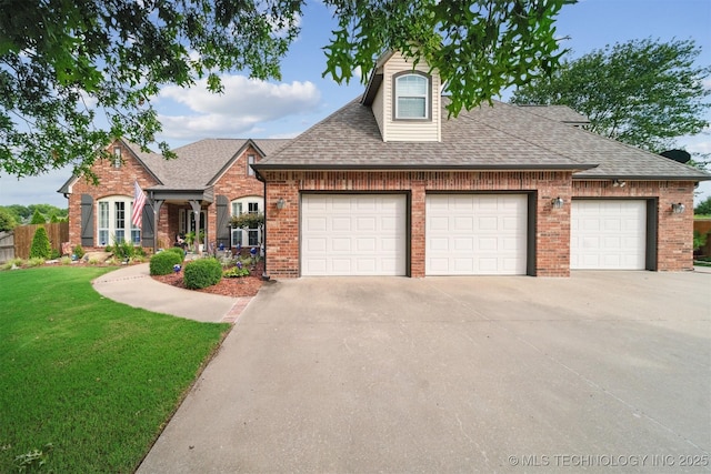 view of front facade featuring a garage, a shingled roof, brick siding, driveway, and a front lawn