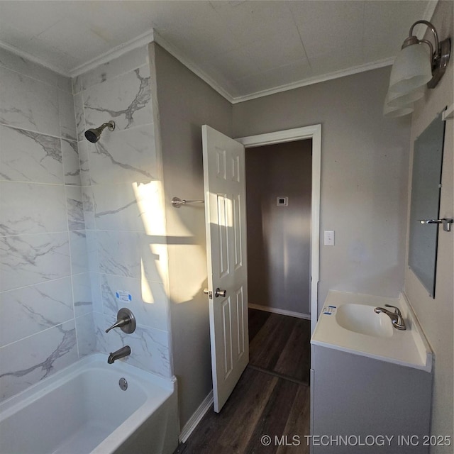 full bathroom featuring shower / bathtub combination, vanity, crown molding, and wood finished floors