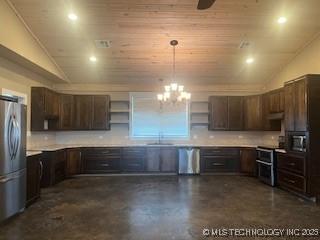 64 Crescent, Ardmore, OK 73401 - kitchen featuring open shelves, appliances with stainless steel finishes, lofted ceiling, dark brown cabinetry, and decorative backsplash