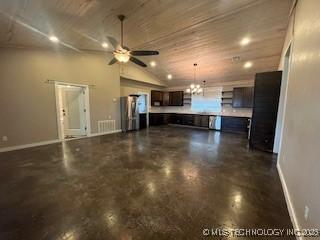 64 Crescent, Ardmore, OK 73401 - unfurnished living room featuring wooden ceiling, baseboards, lofted ceiling, and ceiling fan