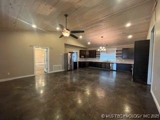 64 Crescent, Ardmore, OK 73401 - unfurnished living room with wooden ceiling, ceiling fan, vaulted ceiling, baseboards, and a chandelier