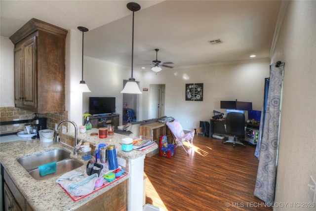 kitchen featuring backsplash, dark wood-style flooring, open floor plan, and a sink