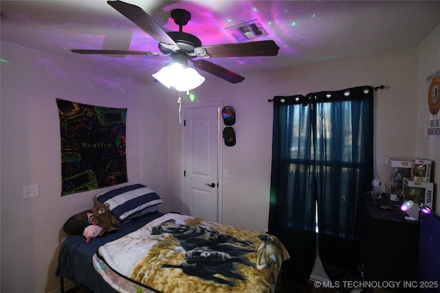 bedroom featuring visible vents and a ceiling fan