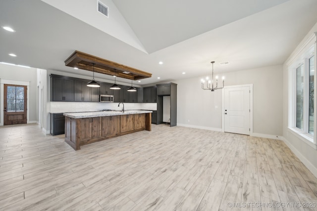 kitchen featuring light wood finished floors, a center island with sink, visible vents, stainless steel microwave, and a sink