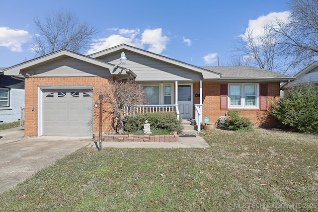 ranch-style home featuring covered porch, concrete driveway, a front yard, a garage, and brick siding