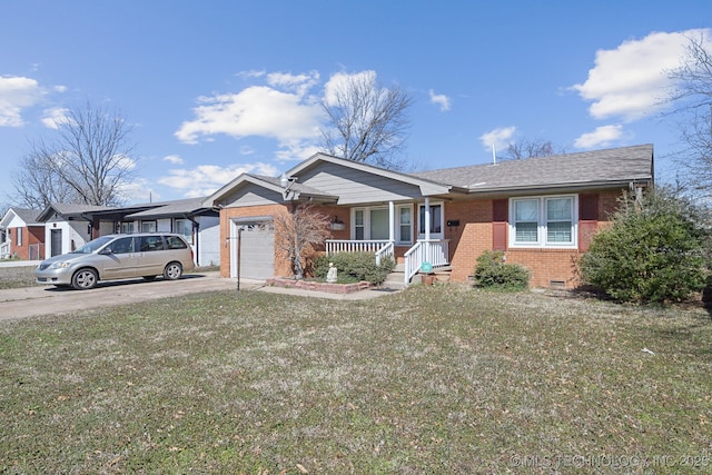 single story home featuring driveway, a porch, an attached garage, crawl space, and brick siding