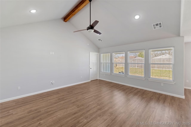 empty room featuring wood finished floors, a ceiling fan, visible vents, baseboards, and beam ceiling