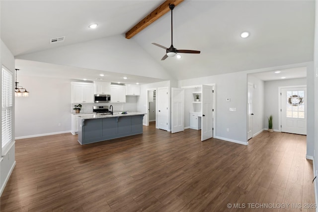 unfurnished living room with high vaulted ceiling, visible vents, a ceiling fan, beamed ceiling, and dark wood finished floors