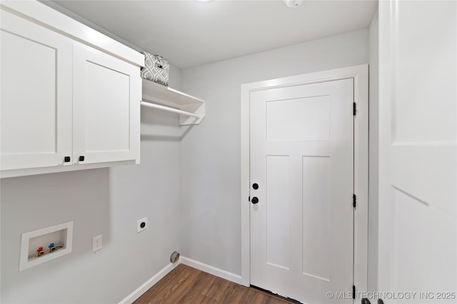 washroom with washer hookup, dark wood-style flooring, cabinet space, electric dryer hookup, and baseboards