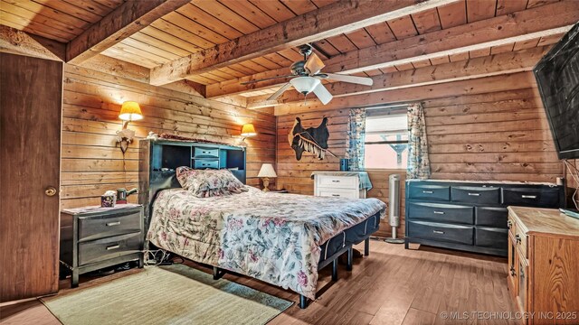 bedroom with wood ceiling, beam ceiling, and wood finished floors