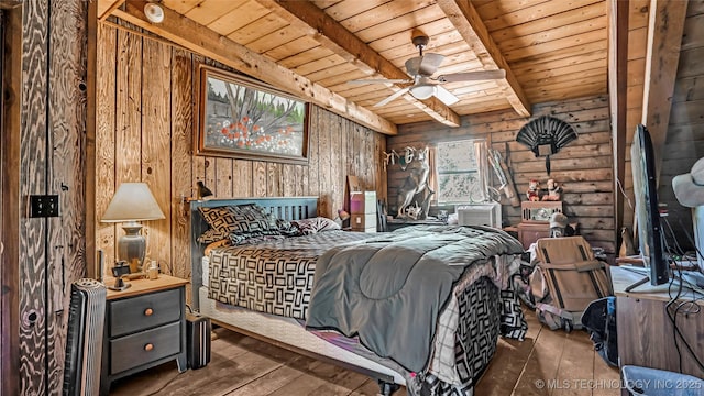 bedroom featuring beam ceiling, rustic walls, wood ceiling, cooling unit, and hardwood / wood-style flooring