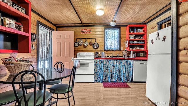 kitchen with light wood finished floors, open shelves, white appliances, and wood ceiling