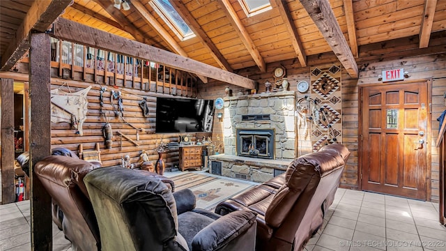 living area featuring light tile patterned floors, wooden ceiling, beamed ceiling, wood walls, and a fireplace