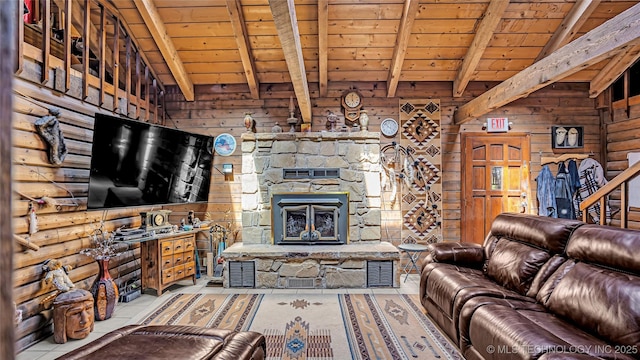 unfurnished living room featuring vaulted ceiling with beams, wood walls, wood ceiling, and a stone fireplace