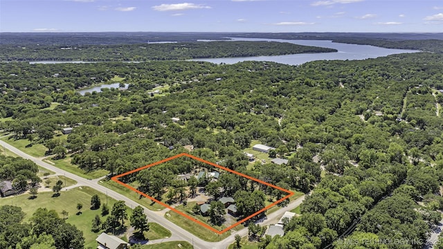 bird's eye view featuring a water view and a view of trees